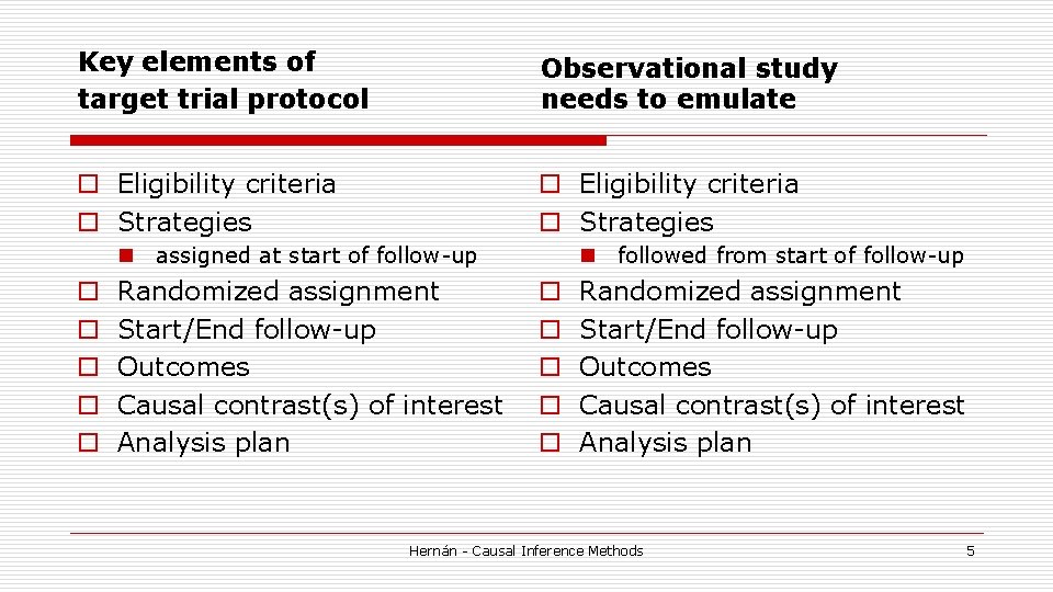 Key elements of target trial protocol Observational study needs to emulate o Eligibility criteria Key elements of target trial protocol Observational study needs to emulate o Eligibility criteria