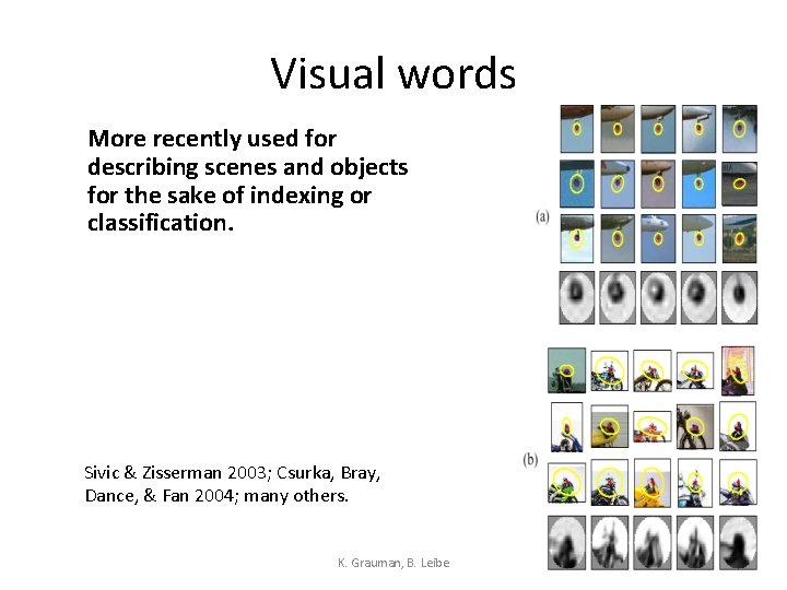 Visual words • More recently used for describing scenes and objects for the sake