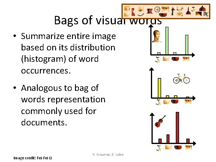 Bags of visual words • Summarize entire image based on its distribution (histogram) of