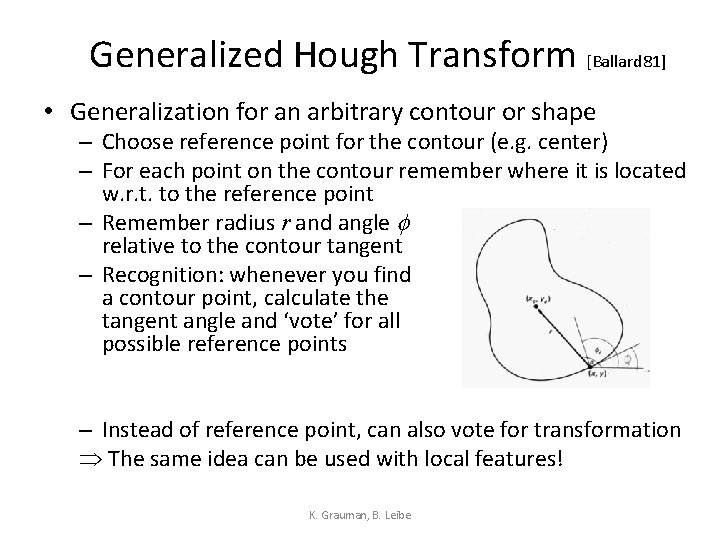 Generalized Hough Transform [Ballard 81] • Generalization for an arbitrary contour or shape –