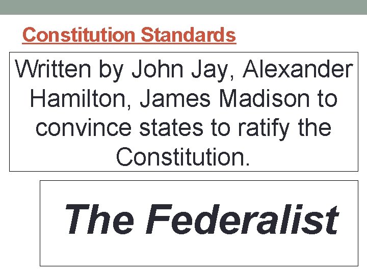 Constitution Standards Written by John Jay, Alexander Hamilton, James Madison to convince states to Constitution Standards Written by John Jay, Alexander Hamilton, James Madison to convince states to