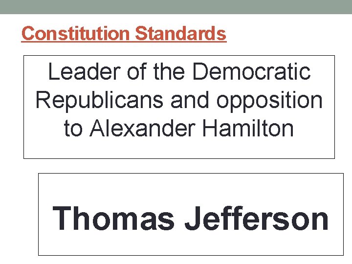 Constitution Standards Leader of the Democratic Republicans and opposition to Alexander Hamilton Thomas Jefferson Constitution Standards Leader of the Democratic Republicans and opposition to Alexander Hamilton Thomas Jefferson