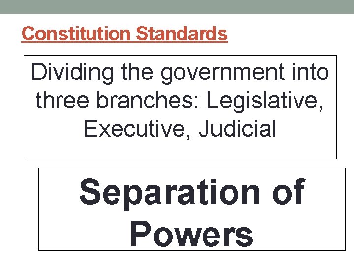 Constitution Standards Dividing the government into three branches: Legislative, Executive, Judicial Separation of Powers Constitution Standards Dividing the government into three branches: Legislative, Executive, Judicial Separation of Powers