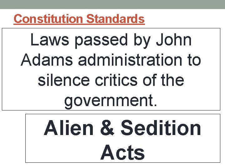 Constitution Standards Laws passed by John Adams administration to silence critics of the government. Constitution Standards Laws passed by John Adams administration to silence critics of the government.