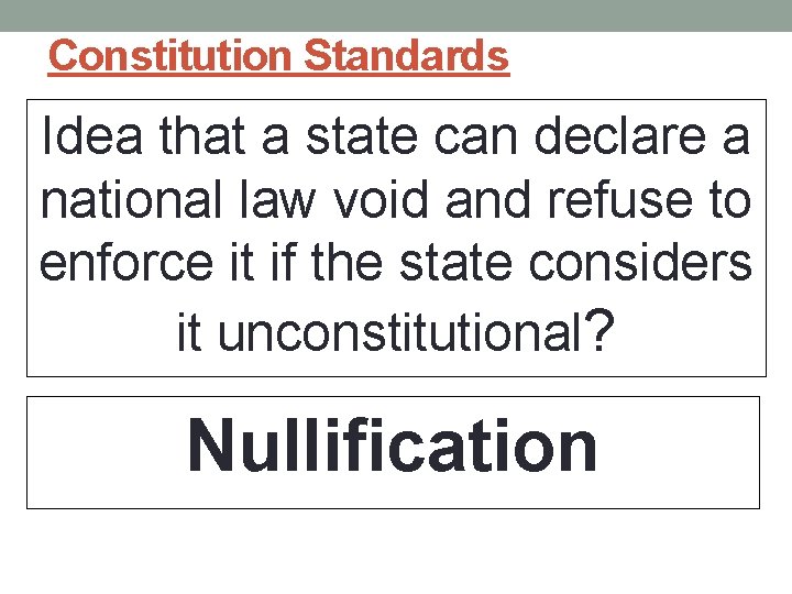 Constitution Standards Idea that a state can declare a national law void and refuse Constitution Standards Idea that a state can declare a national law void and refuse