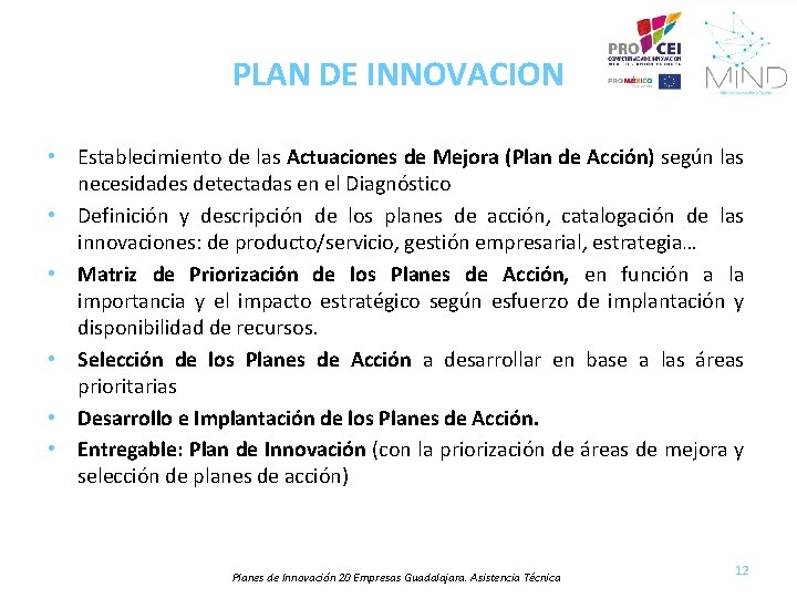 PLAN DE INNOVACION • Establecimiento de las Actuaciones de Mejora (Plan de Acción) según