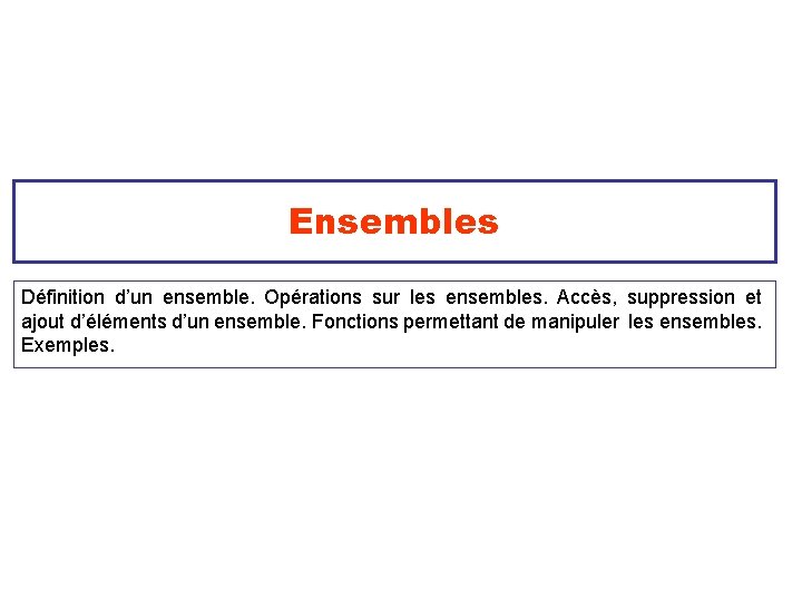 Ensembles Définition d’un ensemble. Opérations sur les ensembles. Accès, suppression et ajout d’éléments d’un