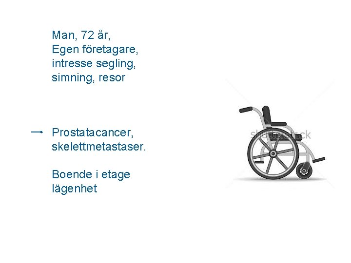 Man, 72 år, Egen företagare, intresse segling, simning, resor Prostatacancer, skelettmetastaser. Boende i etage