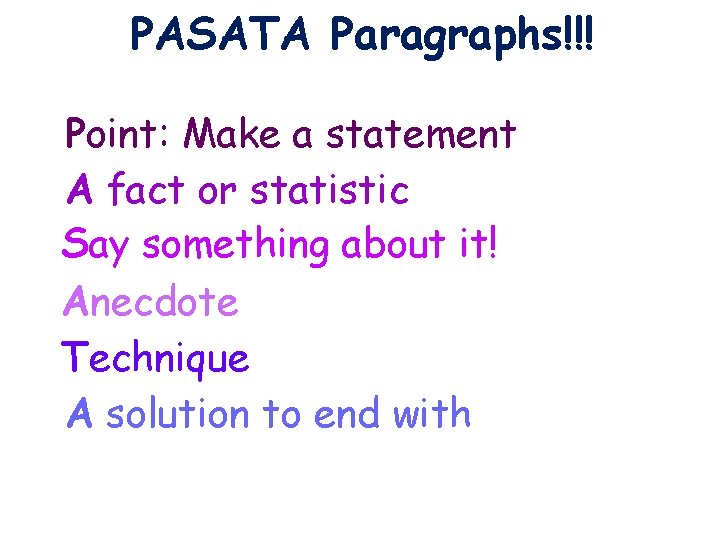 PASATA Paragraphs!!! Point: Make a statement A fact or statistic Say something about it!