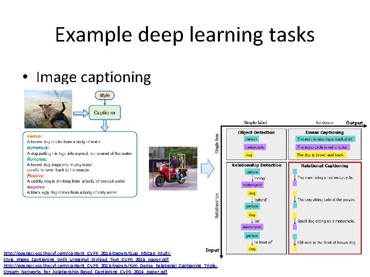 Example deep learning tasks • Image captioning http: //openaccess. thecvf. com/content_CVPR_2019/papers/Guo_MSCap_Multi. Style_Image_Captioning_With_Unpaired_Stylized_Text_CVPR_2019_paper. pdf http: