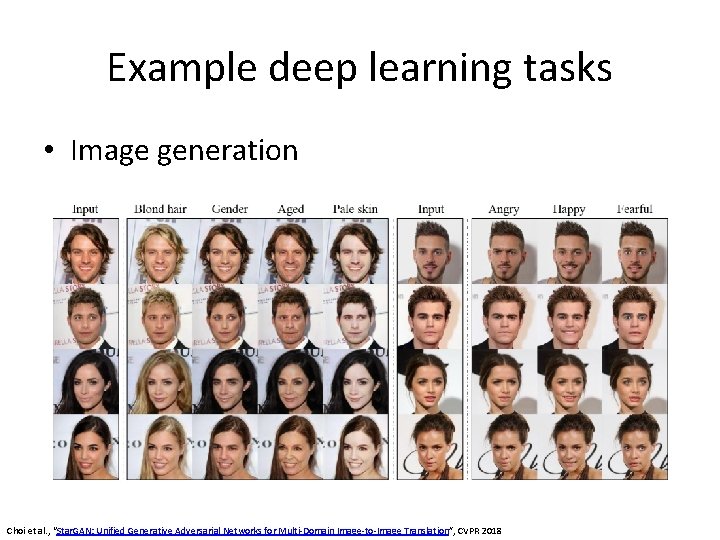 Example deep learning tasks • Image generation Choi et al. , “Star. GAN: Unified