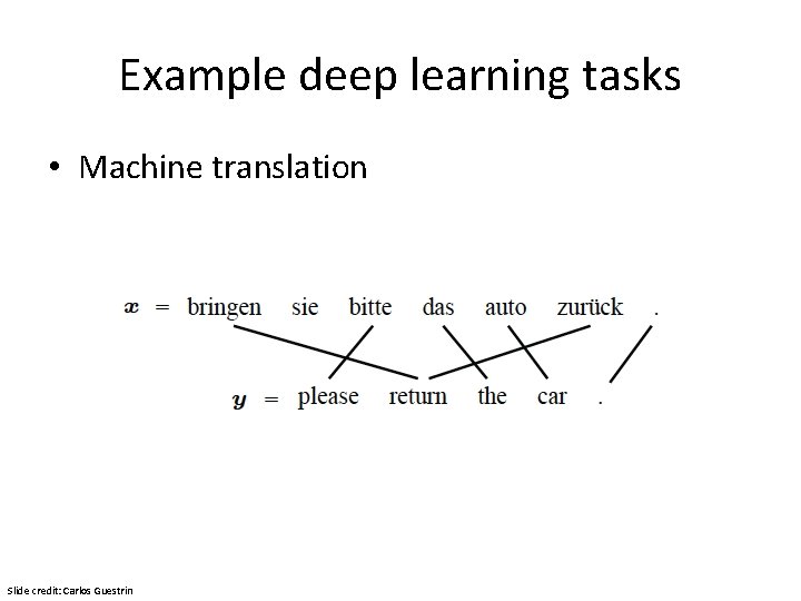 Example deep learning tasks • Machine translation Slide credit: Carlos Guestrin 