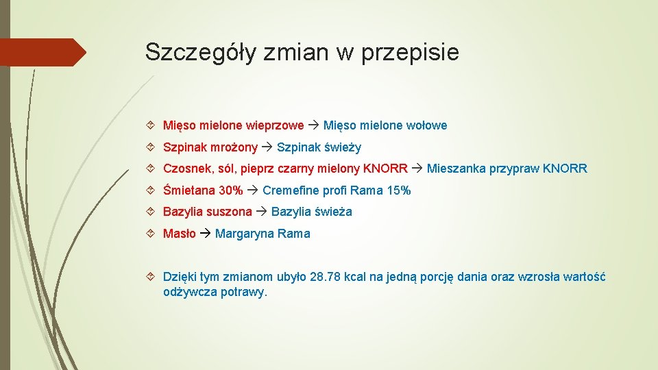 Szczegóły zmian w przepisie Mięso mielone wieprzowe Mięso mielone wołowe Szpinak mrożony Szpinak świeży