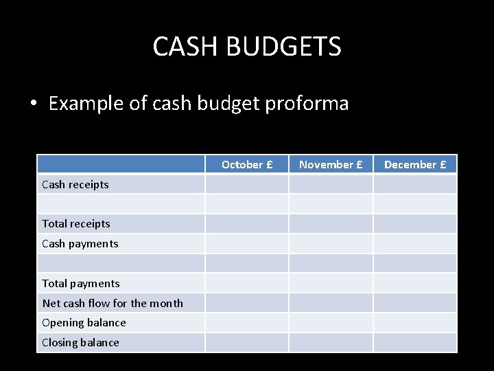CASH BUDGETS • Example of cash budget proforma October £ Cash receipts Total receipts
