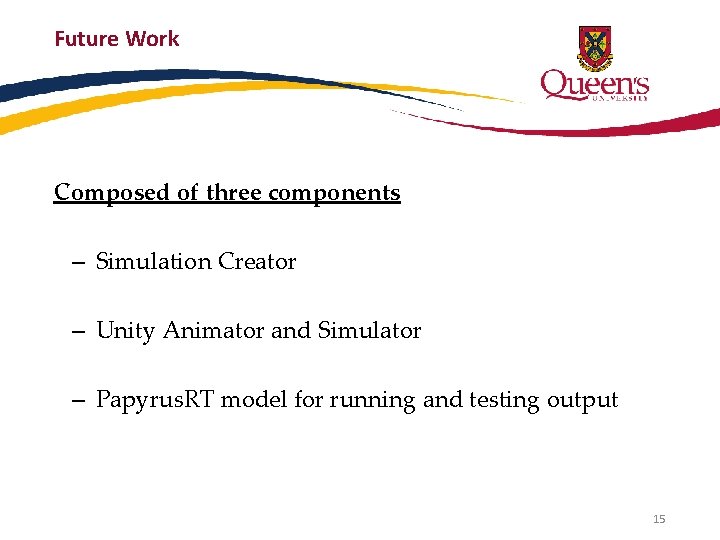 Future Work Composed of three components – Simulation Creator – Unity Animator and Simulator