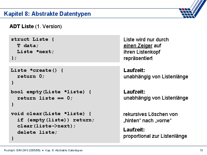 Kapitel 8: Abstrakte Datentypen ADT Liste (1. Version) struct Liste { T data; Liste