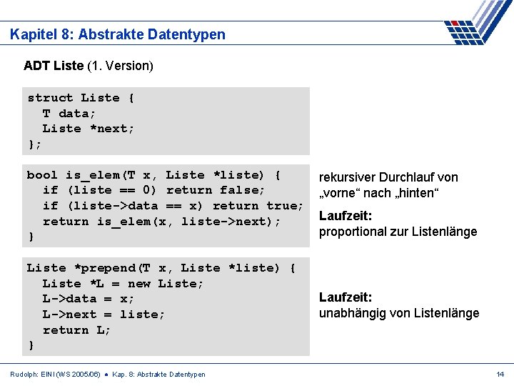 Kapitel 8: Abstrakte Datentypen ADT Liste (1. Version) struct Liste { T data; Liste