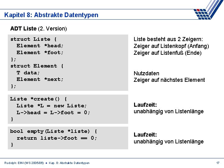 Kapitel 8: Abstrakte Datentypen ADT Liste (2. Version) struct Liste { Element *head; Element