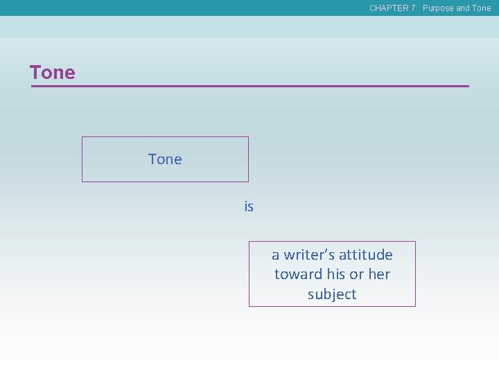 CHAPTER 7 Purpose and Tone is a writer’s attitude toward his or her subject