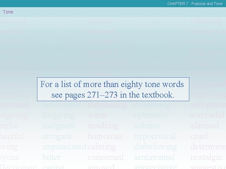 CHAPTER 7 Purpose and Tone compassionate admiring scornful serious shamed sarcastic self-critica ambivalent alarmed