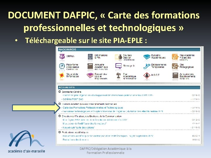 DOCUMENT DAFPIC, « Carte des formations professionnelles et technologiques » • Téléchargeable sur le