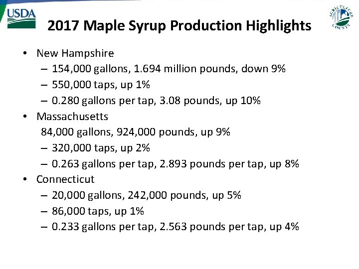 2017 Maple Syrup Production Highlights • New Hampshire – 154, 000 gallons, 1. 694