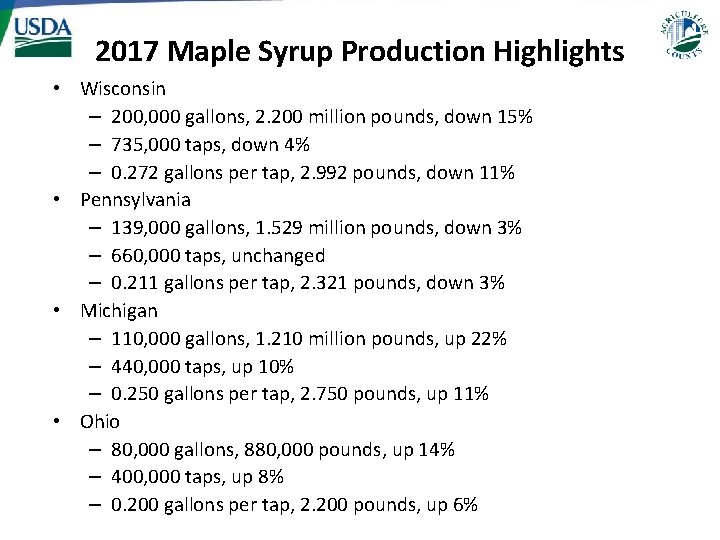 2017 Maple Syrup Production Highlights • Wisconsin – 200, 000 gallons, 2. 200 million