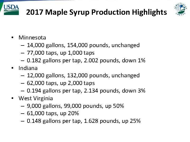 2017 Maple Syrup Production Highlights • Minnesota – 14, 000 gallons, 154, 000 pounds,