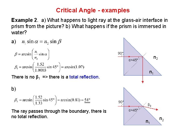 Critical Angle - examples Example 2. a) What happens to light ray at the