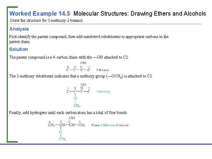 Worked Example 14. 5 Molecular Structures: Drawing Ethers and Alcohols Draw the structure for