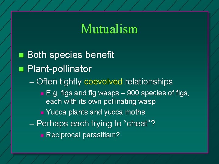 Mutualism Both species benefit n Plant-pollinator n – Often tightly coevolved relationships E. g.