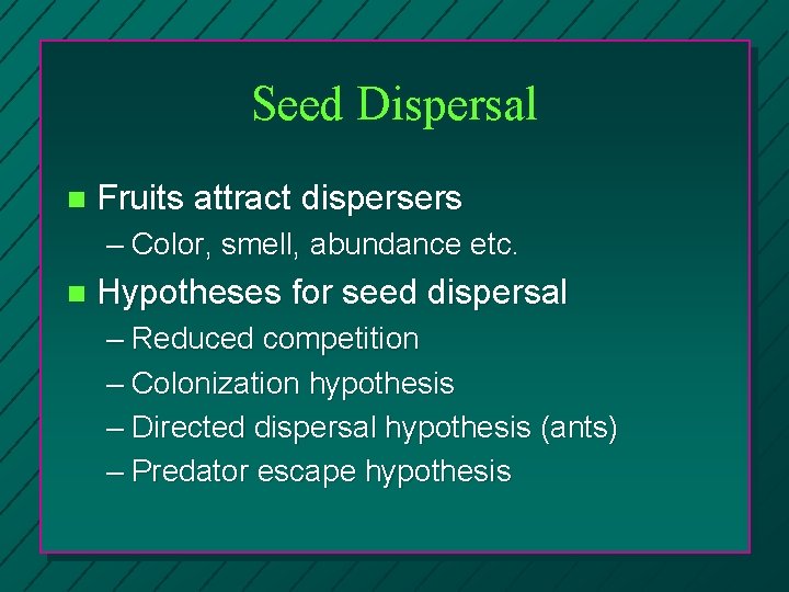 Seed Dispersal n Fruits attract dispersers – Color, smell, abundance etc. n Hypotheses for