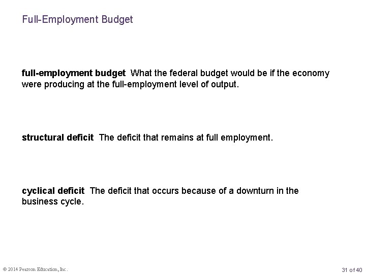 Full-Employment Budget full-employment budget What the federal budget would be if the economy were