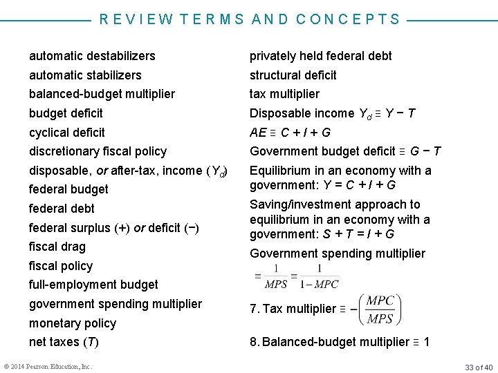 REVIEW TERMS AND CONCEPTS automatic destabilizers privately held federal debt automatic stabilizers structural deficit