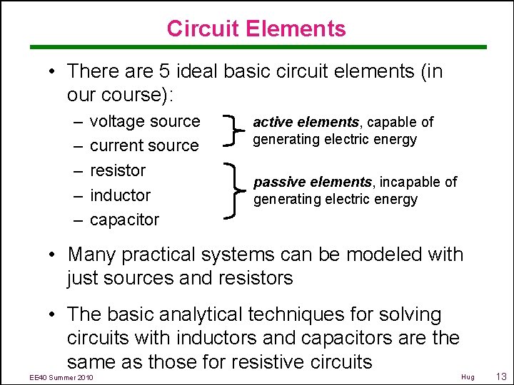Circuit Elements • There are 5 ideal basic circuit elements (in our course): –