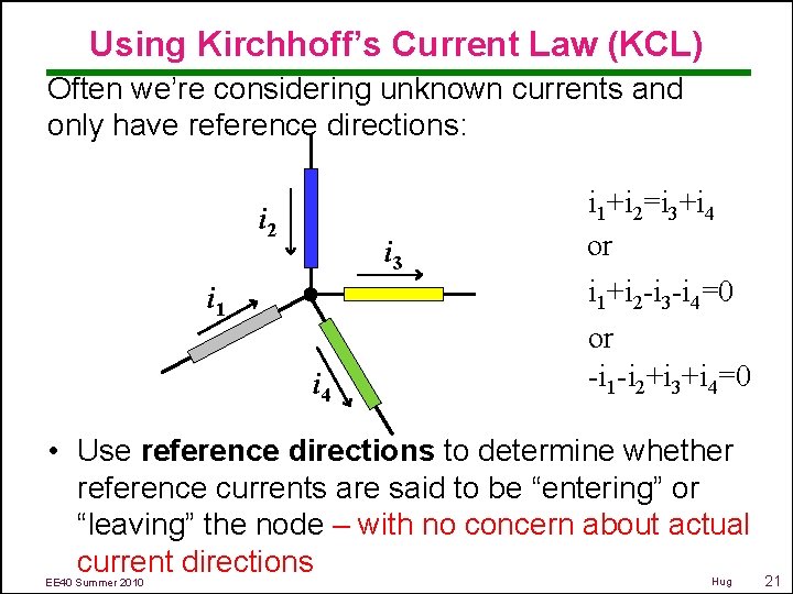 Using Kirchhoff’s Current Law (KCL) Often we’re considering unknown currents and only have reference
