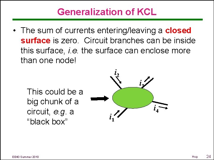 Generalization of KCL • The sum of currents entering/leaving a closed surface is zero.