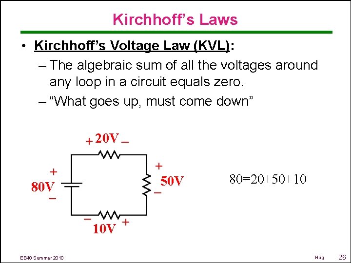 Kirchhoff’s Laws • Kirchhoff’s Voltage Law (KVL): – The algebraic sum of all the