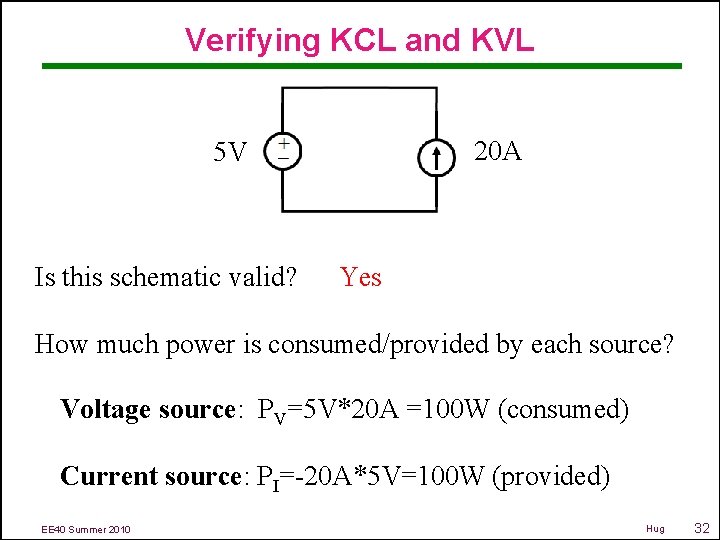 Verifying KCL and KVL 20 A 5 V Is this schematic valid? Yes How