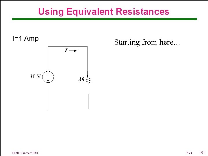 Using Equivalent Resistances I=1 Amp Starting from here… I 30 V EE 40 Summer