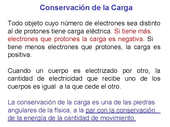 Conservación de la Carga Todo objeto cuyo número de electrones sea distinto al de