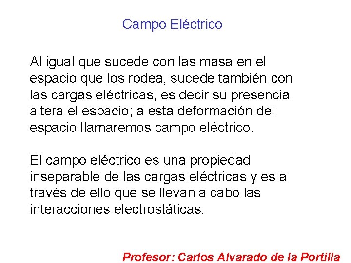 Campo Eléctrico Al igual que sucede con las masa en el espacio que los