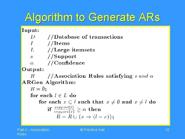 Algorithm to Generate ARs Part II – Association Rules © Prentice Hall 10 