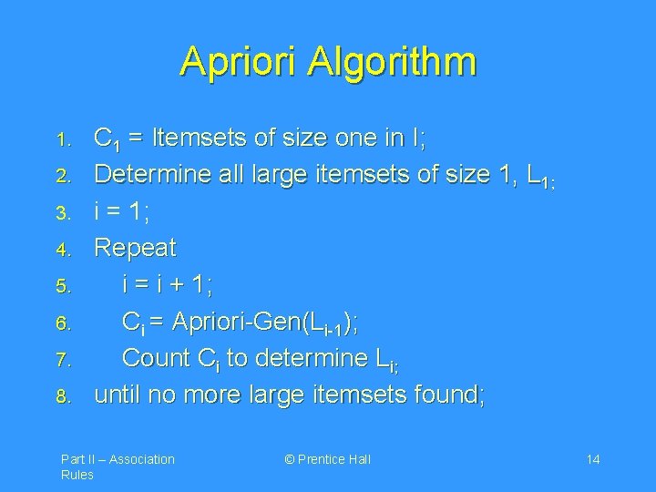 Apriori Algorithm 1. 2. 3. 4. 5. 6. 7. 8. C 1 = Itemsets