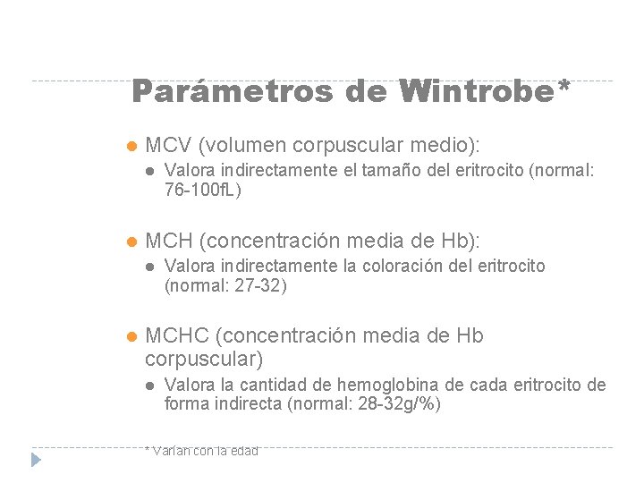 Parámetros de Wintrobe* l MCV (volumen corpuscular medio): l l MCH (concentración media de