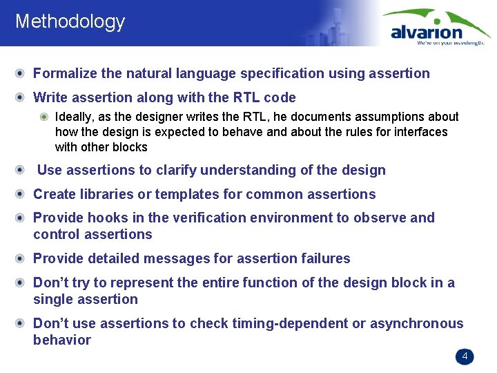 Methodology Formalize the natural language specification using assertion Write assertion along with the RTL