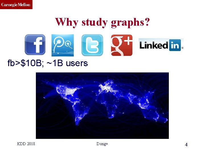 CMU SCS Why study graphs? fb>$10 B; ~1 B users KDD 2018 Dong+ 4