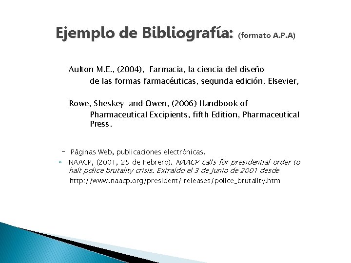Ejemplo de Bibliografía: (formato A. P. A) Aulton M. E. , (2004), Farmacia, la