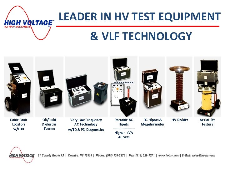 LEADER IN HV TEST EQUIPMENT & VLF TECHNOLOGY Cable Fault Locators w/TDR Oil/Fluid Dielectric