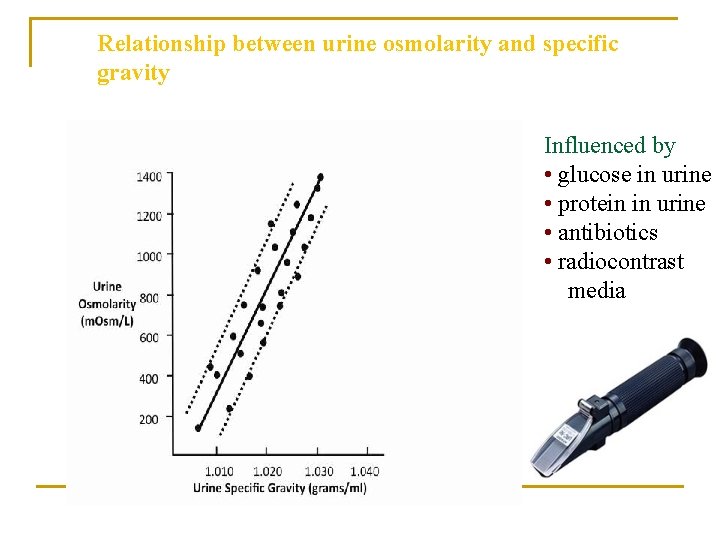 Relationship between urine osmolarity and specific gravity Influenced by • glucose in urine •